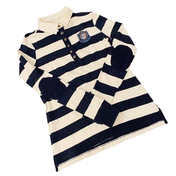 H&M Navy Blue & White Striped Nautical Sweatshirt Elbow Patches Crest Sz S - Picture 1 of 15